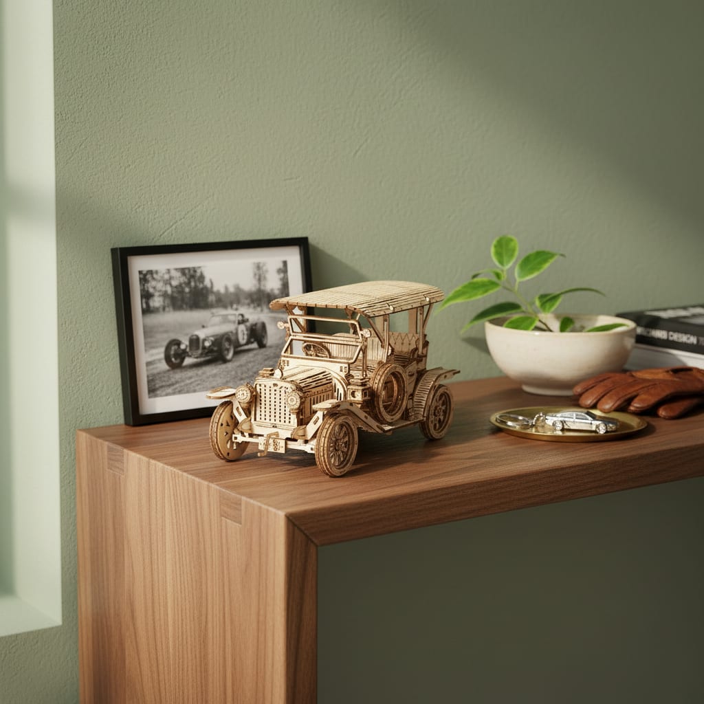 Puzzle 3D du Voiture Vintage en Bois, exposé sur une étagère ouverte