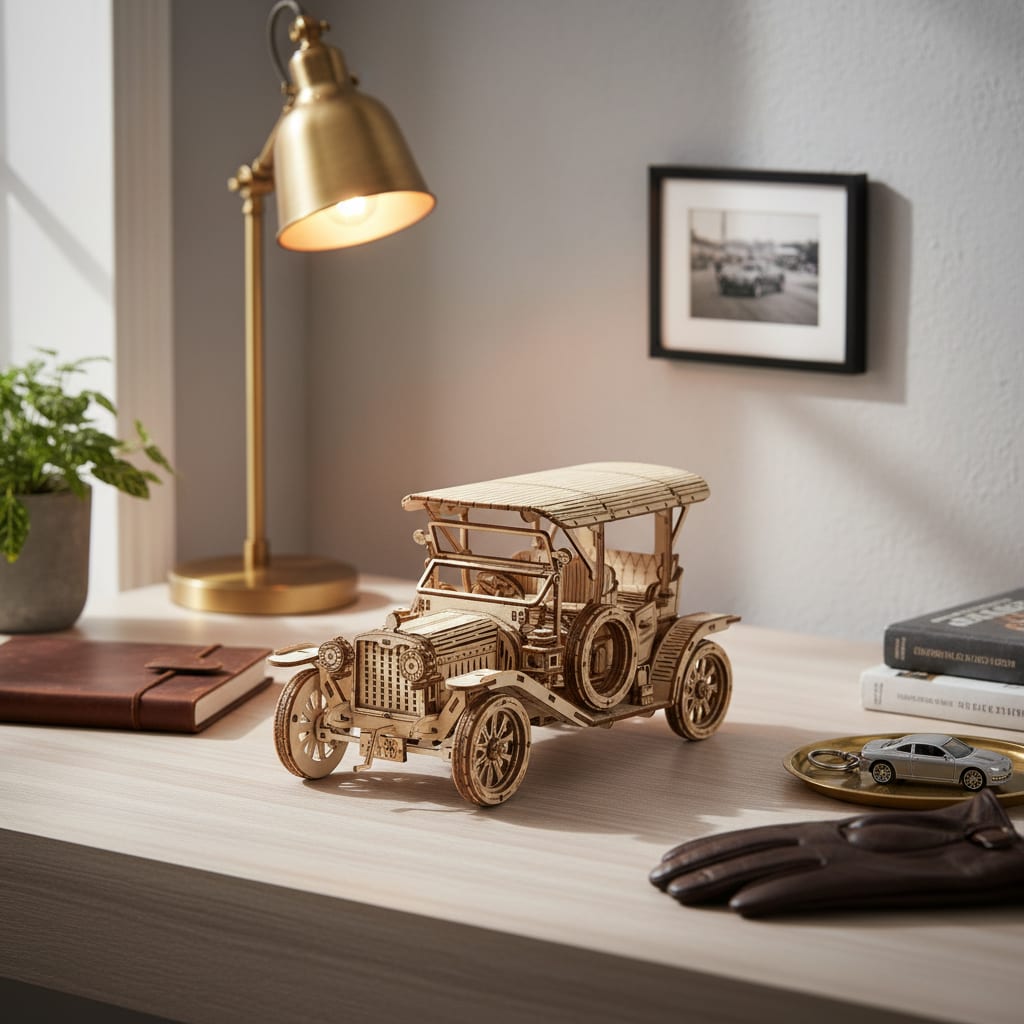 Puzzle 3D du Voiture Vintage en Bois, placé sur une cheminée en pierre